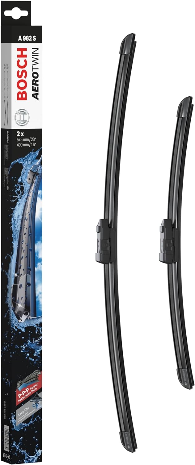 Die Packung und die Wischerblätter des Scheibenwischer-Sets Bosch A 982 S für den Isuzu D-MAX im Detail - einmal das 57,5cm Wischerblatt und einmal das 40cm Wischerblatt Die Packung und die Wischerblätter des Scheibenwischer-Sets Bosch A 982 S für den ISUZU D-MAX im Detail - einmal das 57,5cm Wischerblatt und einmal das 40cm Wischerblatt