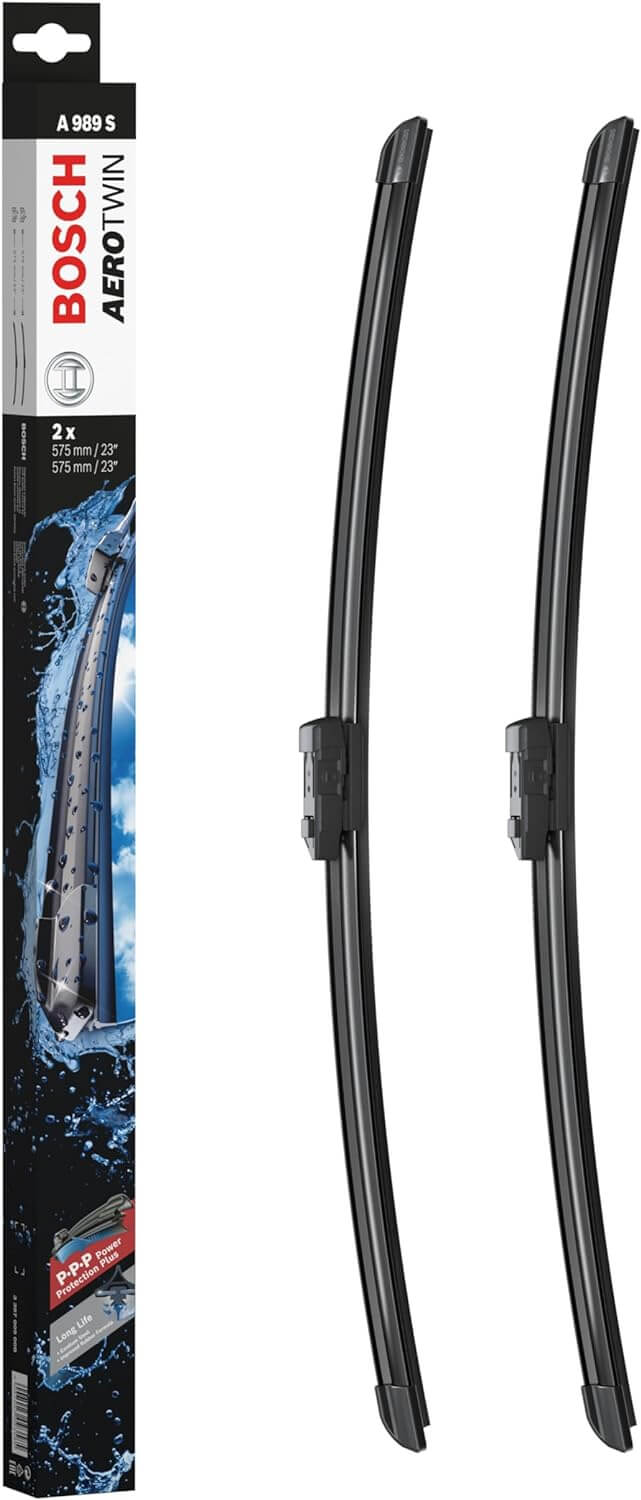 Die Packung und die Wischerblätter des Scheibenwischer-Sets Bosch A 989 S für den Land Rover Defender im Detail - zweimal das 57,5cm Wischerblatt Die Packung und die Wischerblätter des Scheibenwischer-Sets Bosch A 989 S für den LAND ROVER Defender im Detail - zweimal das 57,5cm Wischerblatt