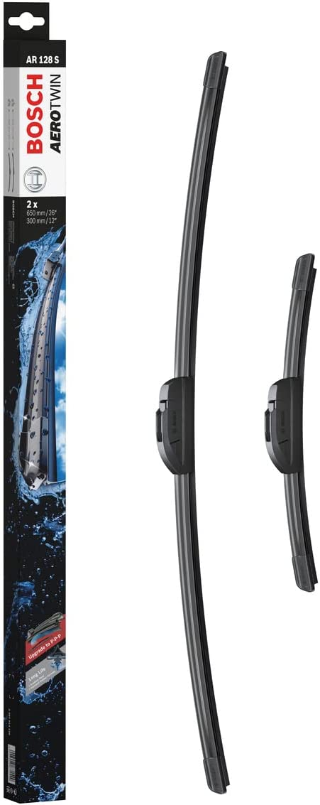 Die Packung und die Wischerblätter des Scheibenwischer-Sets Bosch AR 128 S für den NISSAN Note im Detail - einmal das 65cm Wischerblatt und einmal das 30cm Wischerblatt