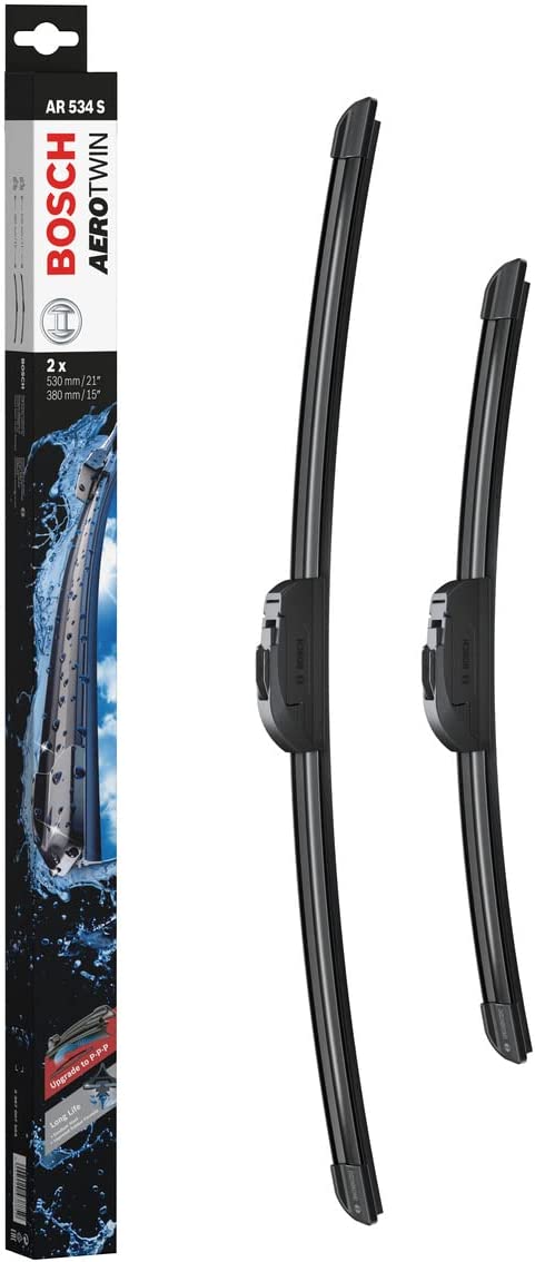 Die Packung und die Wischerblätter des Scheibenwischer-Sets Bosch AR 534 S für den HONDA Jazz im Detail - einmal das 53cm Wischerblatt und einmal das 38cm Wischerblatt