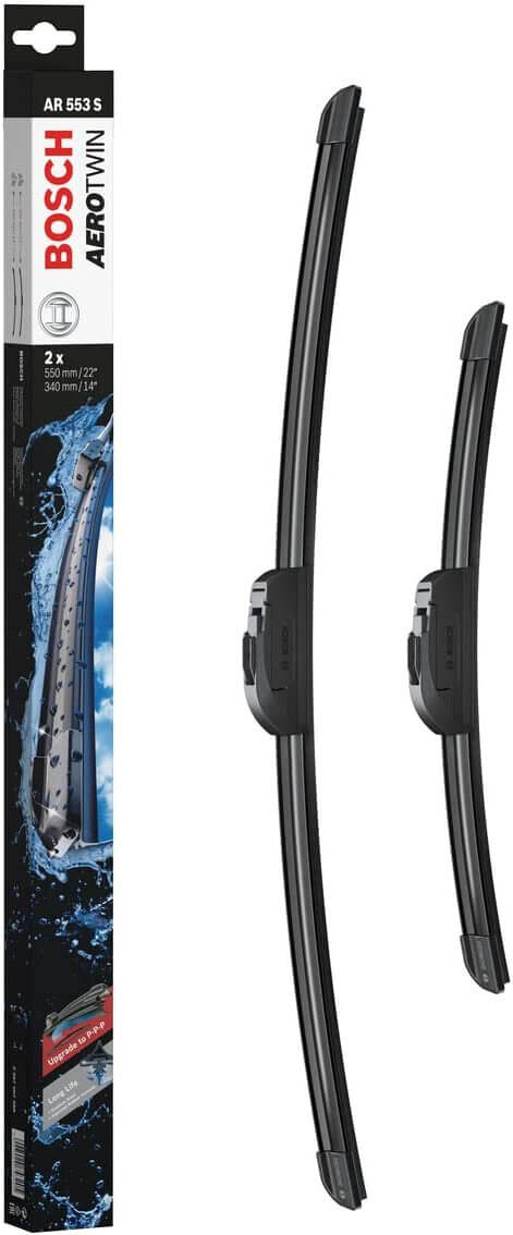 Die Packung und die Wischerblätter des Scheibenwischer-Sets Bosch AR 553 S für den Mitsubishi Space Star im Detail - einmal das 55cm Wischerblatt und einmal das 34cm Wischerblatt Die Packung und die Wischerblätter des Scheibenwischer-Sets Bosch AR 553 S für den MITSUBISHI Space Star im Detail - einmal das 55cm Wischerblatt und einmal das 34cm Wischerblatt
