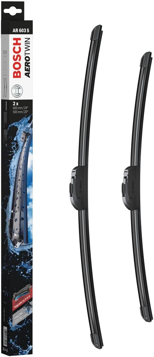 Die Packung und die Wischerblätter des Scheibenwischer-Sets Bosch AR 603 S für den LAND ROVER Range Rover 4. Gen im Detail - einmal das 60cm Wischerblatt und einmal das 50cm Wischerblatt