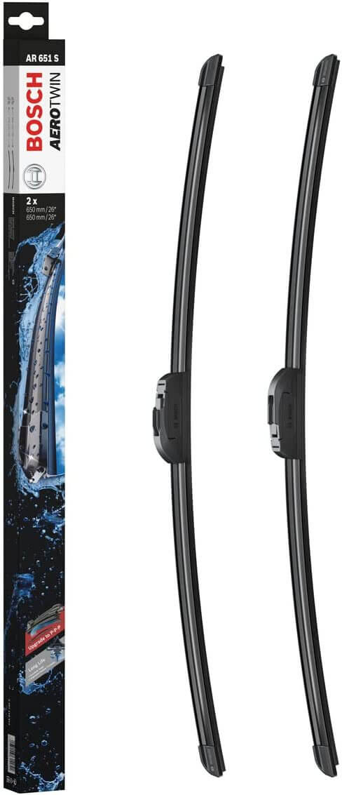 Die Packung und die Wischerblätter des Scheibenwischer-Sets Bosch AR 651 S für den Peugeot 307 im Detail - zweimal das 65cm Wischerblatt Die Packung und die Wischerblätter des Scheibenwischer-Sets Bosch AR 651 S für den PEUGEOT 307 im Detail - zweimal das 65cm Wischerblatt