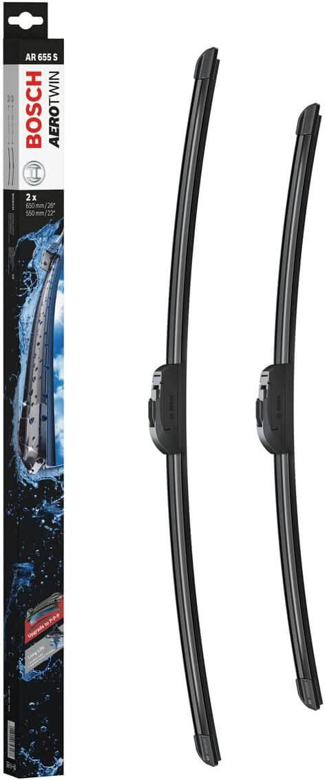 Die Packung und die Wischerblätter des Scheibenwischer-Sets Bosch AR 655 S für den TOYOTA Venza im Detail - einmal das 65cm Wischerblatt und einmal das 55cm Wischerblatt