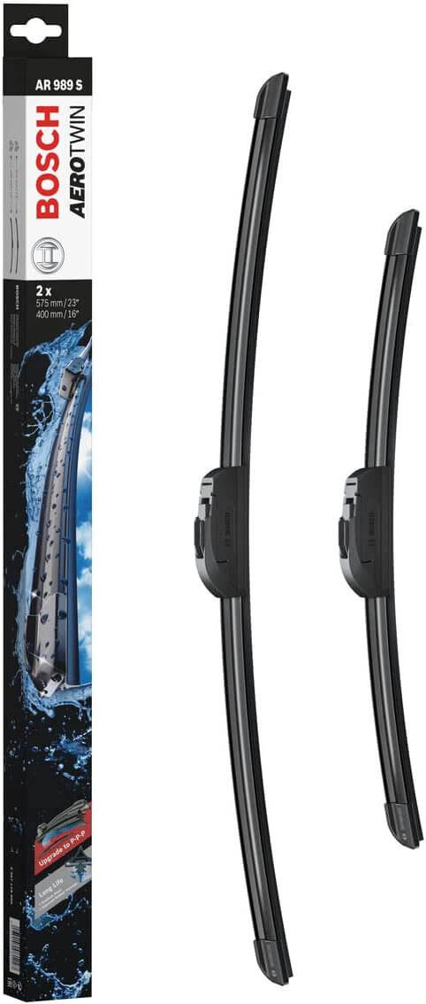 Die Packung und die Wischerblätter des Scheibenwischer-Sets Bosch AR 989 S für den FIAT Panda 2. Gen im Detail - einmal das 57,5cm Wischerblatt und einmal das 40cm Wischerblatt