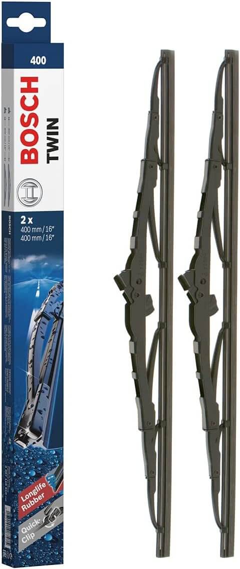 Die Packung und die Wischerblätter des Scheibenwischer-Sets Bosch 400 für den Suzuki Jimny im Detail - zweimal das 40cm Wischerblatt Die Packung und die Wischerblätter des Scheibenwischer-Sets Bosch 400 für den SUZUKI Jimny im Detail - zweimal das 40cm Wischerblatt