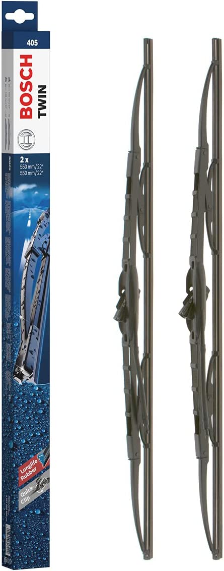 Die Packung und die Wischerblätter des Scheibenwischer-Sets Bosch 405 für den PEUGEOT 405 im Detail - zweimal das 55cm Wischerblatt