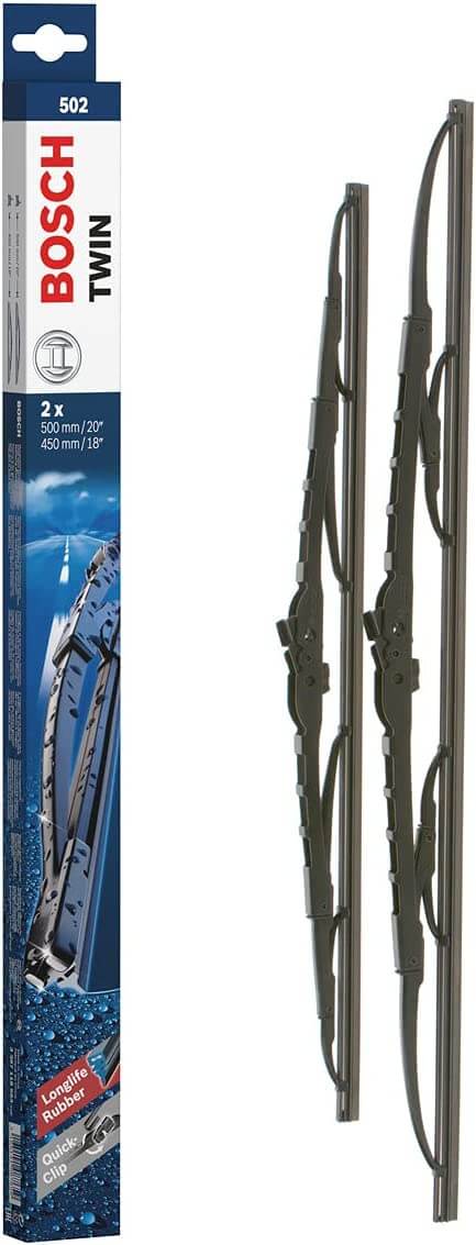 Die Packung und die Wischerblätter des Scheibenwischer-Sets Bosch 502 für den SUZUKI X-90 im Detail - einmal das 50cm Wischerblatt und einmal das 45cm Wischerblatt