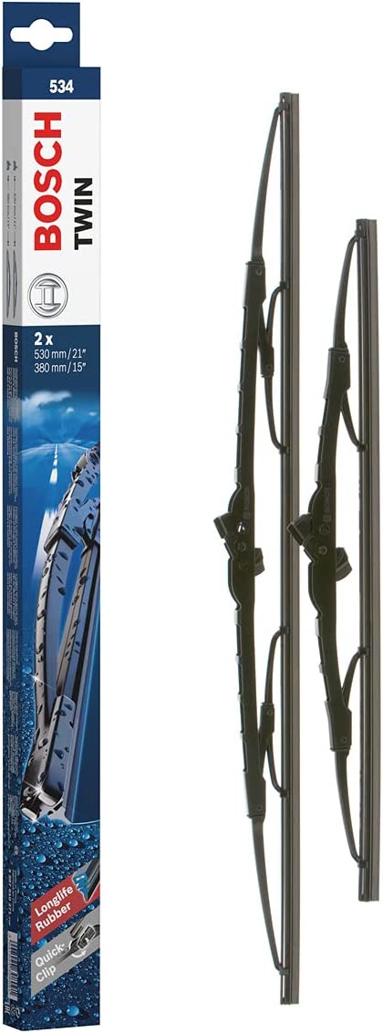 Die Packung und die Wischerblätter des Scheibenwischer-Sets Bosch 534 für den HONDA Fit 1. Gen im Detail - einmal das 53cm Wischerblatt und einmal das 38cm Wischerblatt