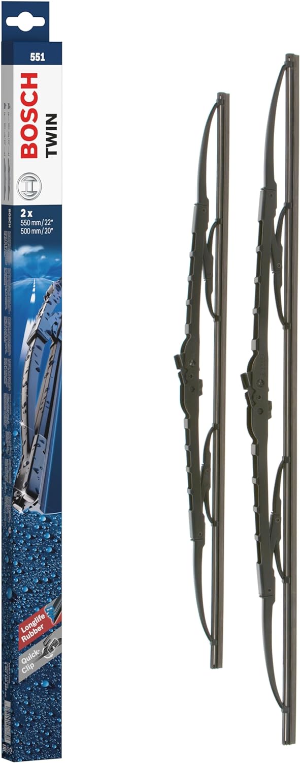 Die Packung und die Wischerblätter des Scheibenwischer-Sets Bosch 551 für den Mitsubishi Space Wagon im Detail - einmal das 55cm Wischerblatt und einmal das 50cm Wischerblatt Die Packung und die Wischerblätter des Scheibenwischer-Sets Bosch 551 für den MITSUBISHI Space Wagon im Detail - einmal das 55cm Wischerblatt und einmal das 50cm Wischerblatt