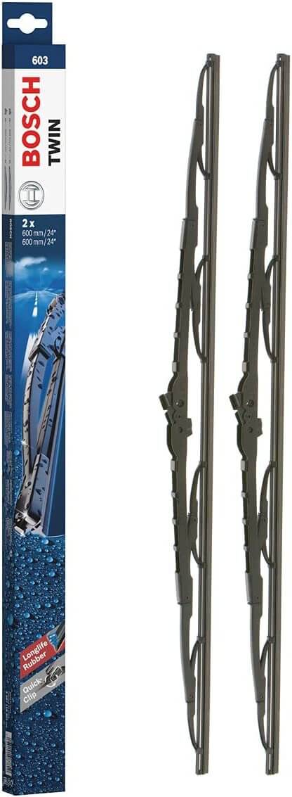 Die Packung und die Wischerblätter des Scheibenwischer-Sets Bosch 603 für den Mercedes-Benz Vario im Detail - zweimal das 60cm Wischerblatt Die Packung und die Wischerblätter des Scheibenwischer-Sets Bosch 603 für den MERCEDES-BENZ Vario im Detail - zweimal das 60cm Wischerblatt