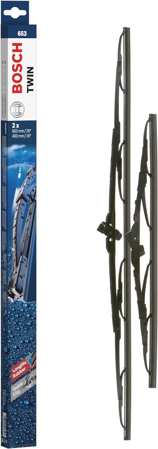 Die Packung und die Wischerblätter des Scheibenwischer-Sets Bosch 653 für den Mitsubishi Space Wagon im Detail - einmal das 65cm Wischerblatt und einmal das 40cm Wischerblatt Die Packung und die Wischerblätter des Scheibenwischer-Sets Bosch 653 für den MITSUBISHI Space Wagon im Detail - einmal das 65cm Wischerblatt und einmal das 40cm Wischerblatt