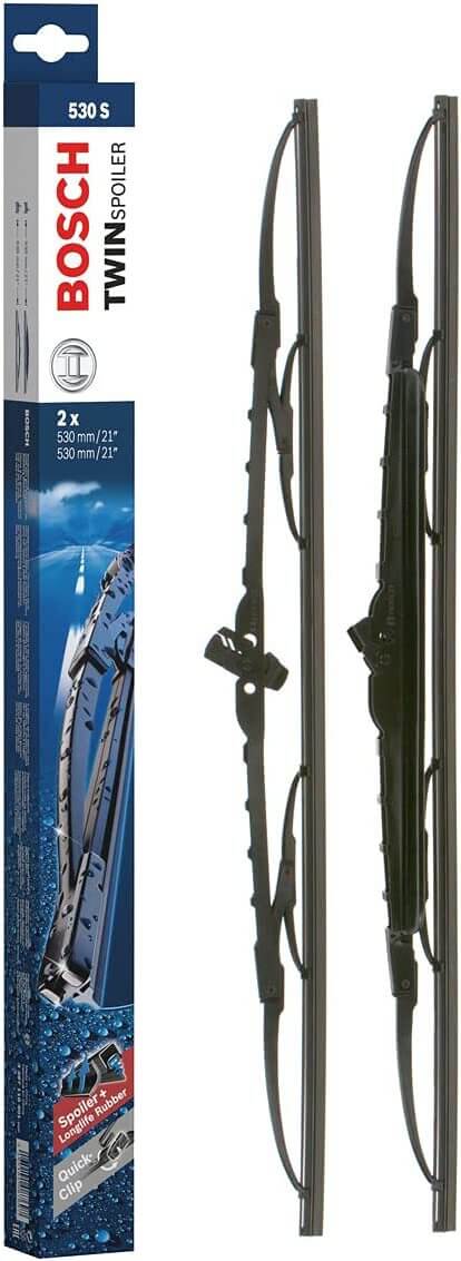 Die Packung und die Wischerblätter des Scheibenwischer-Sets Bosch 530 S für den Jaguar XK im Detail - zweimal das 53cm Wischerblatt Die Packung und die Wischerblätter des Scheibenwischer-Sets Bosch 530 S für den JAGUAR XK im Detail - zweimal das 53cm Wischerblatt