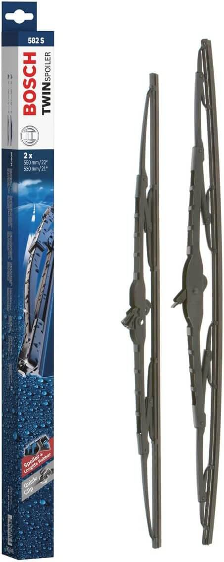 Die Packung und die Wischerblätter des Scheibenwischer-Sets Bosch 582 S für den PORSCHE 911 im Detail - einmal das 55cm Wischerblatt und einmal das 53cm Wischerblatt