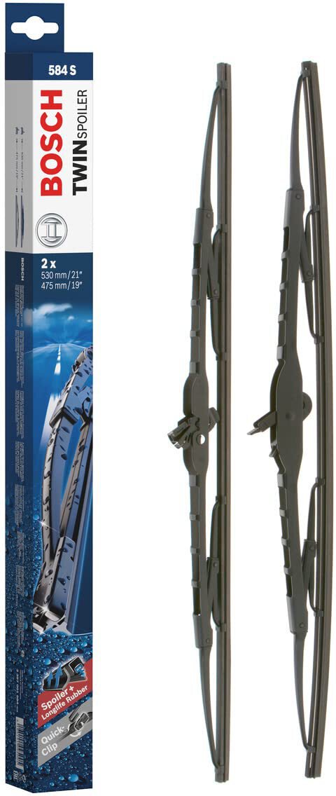 Die Packung und die Wischerblätter des Scheibenwischer-Sets Bosch 584 S für den VW (VOLKSWAGEN) Lupo im Detail - einmal das 53cm Wischerblatt und einmal das 47,5cm Wischerblatt