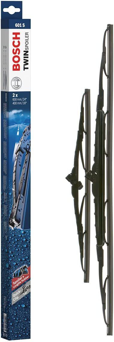 Die Packung und die Wischerblätter des Scheibenwischer-Sets Bosch 601 S für den MITSUBISHI Galant Fortis Sportback im Detail - einmal das 60cm Wischerblatt und einmal das 40cm Wischerblatt