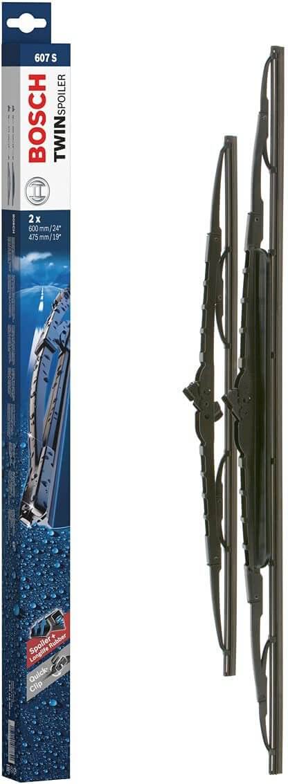 Die Packung und die Wischerblätter des Scheibenwischer-Sets Bosch 607 S für den OPEL Omega 2. Gen im Detail - einmal das 60cm Wischerblatt und einmal das 47,5cm Wischerblatt