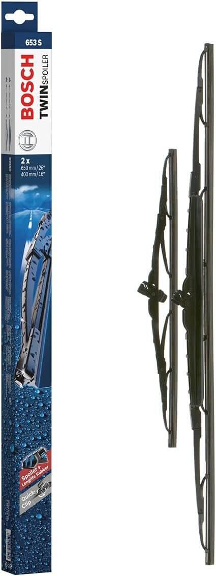 Die Packung und die Wischerblätter des Scheibenwischer-Sets Bosch 653 S für den Mazda CX im Detail - einmal das 65cm Wischerblatt und einmal das 40cm Wischerblatt Die Packung und die Wischerblätter des Scheibenwischer-Sets Bosch 653 S für den MAZDA CX-9 im Detail - einmal das 65cm Wischerblatt und einmal das 40cm Wischerblatt