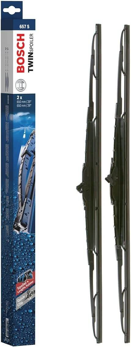Die Packung und die Wischerblätter des Scheibenwischer-Sets Bosch 657 S für den Lancia Phedra im Detail - zweimal das 65cm Wischerblatt Die Packung und die Wischerblätter des Scheibenwischer-Sets Bosch 657 S für den LANCIA Phedra im Detail - zweimal das 65cm Wischerblatt